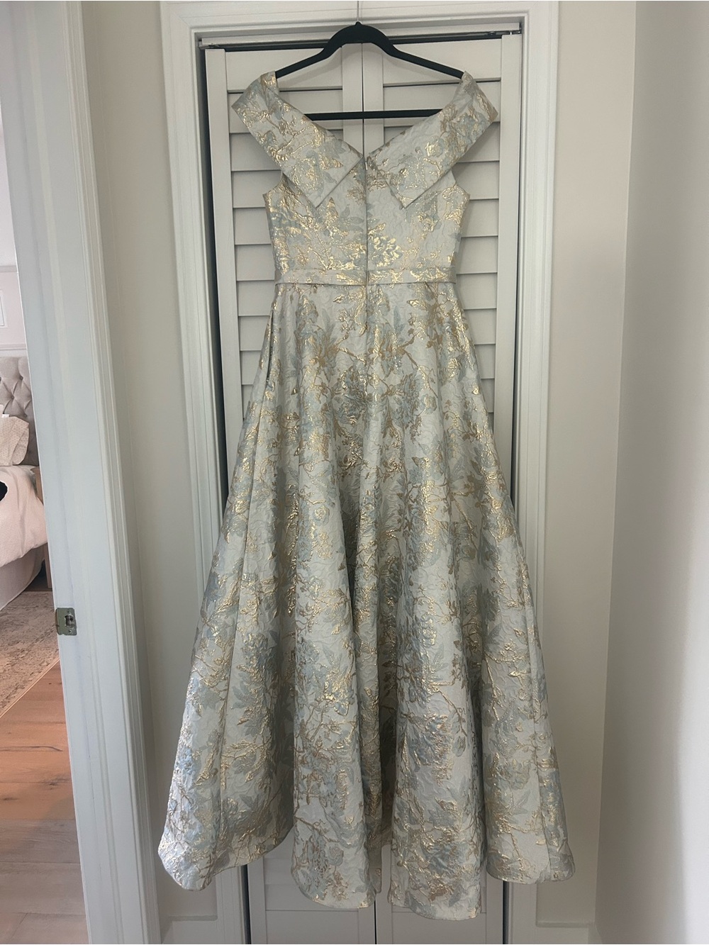 Xscape Off-Shoulder Floral Jacquard Maxi Gown - Ice Blue & Gold - Picture 3 of 5
